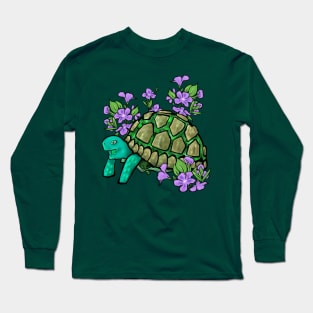 Smiling Turtle with Purple Flowers Long Sleeve T-Shirt